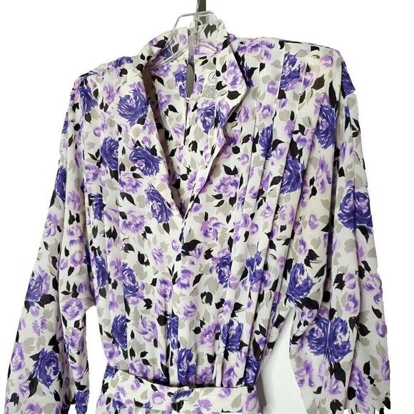 Vintage Leslie Fay Floral Blouson Pleated Dress 12 Petite Purple Secretary Belt - Picture 2 of 8